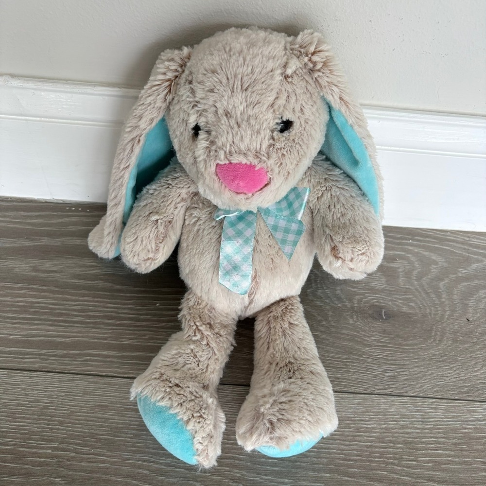 Hugfun International Tan Plush Bunny Rabbit Turquoise Blue Gingham Bow 15 inch